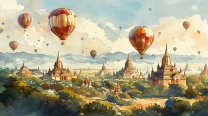 Fototapeta premium Enchanting Watercolor Illustration of Bagan Landscape