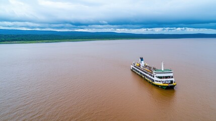 A cargo ship navigates a wide brown river under a cloudy sky, surrounded by lush green hills in the distance.