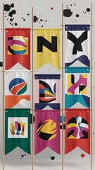 Set of seven varicolored banners, abstract headers with blots