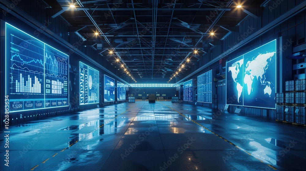 Poster inside a modern logistics control center, large screens display live delivery statistics and route p
