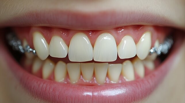 Step-by-step visual of teeth straightening with braces, tracking the monthly alignment from an initial crooked state to a perfectly aligned result