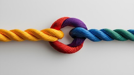 Brightly colored ropes forming a strong knot, minimalist white backdrop, representing unity and cooperation in diversity