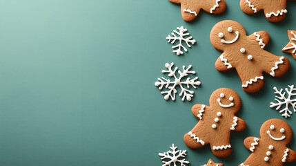 Naklejka premium Close-up flat lay of gingerbread men and snowflake cookies on a green backdrop, vibrant icing, holiday treats, ample space for text