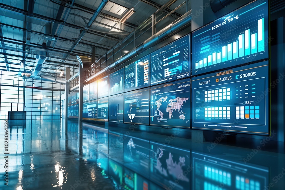 Poster the control center features large screens displaying real-time delivery and route data for effective
