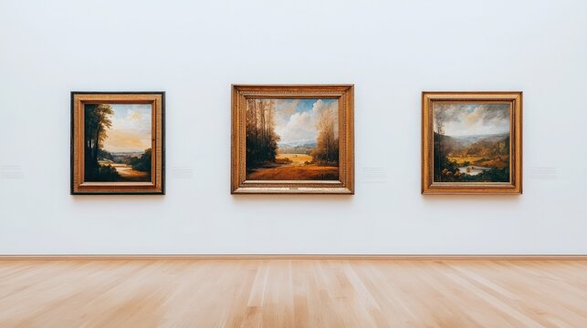A serene art gallery featuring three beautifully framed landscape paintings on display, highlighting artistic talent and creativity.