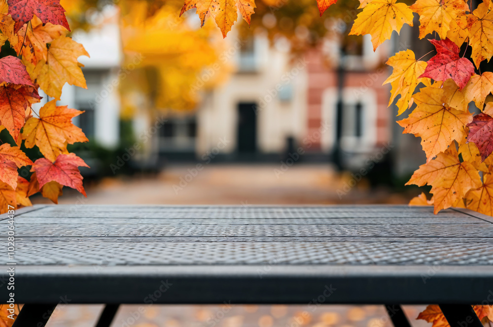 Poster empty table showing autumn background with falling leaves, perfect for product placement