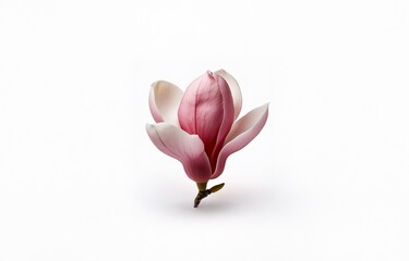 Fototapeta premium A single pink magnolia flower with white edges is isolated against a white background.