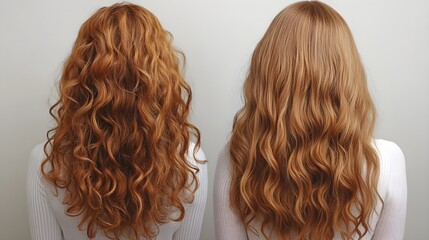 Fototapeta premium Side-by-side images of curly hair before and after honey treatment, showcasing the deep hydration effects on previously dry, frizzy curls