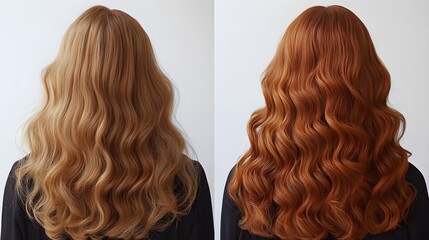 Fototapeta premium Detailed before-and-after image of curls, highlighting the transformation from frizzy to glossy and voluminous after honey-based conditioner, Natural Colors, Realistic