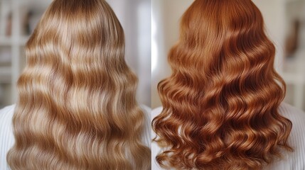 Fototapeta premium Before-and-after close-up of curly hair, showing the transition from dry and frizzy to soft, hydrated curls after a honey mask treatment, Photorealistic, Natural Lighting