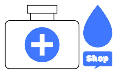 A simple outline of a medical first aid kit with a blue cross, a large blue droplet, and a shop sign. Ideal for healthcare, medical services, emergency preparedness, first aid, and online stores