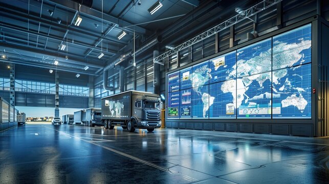 A logistics control center features large screens displaying route data and delivery information alongside parked delivery trucks. Generative AI