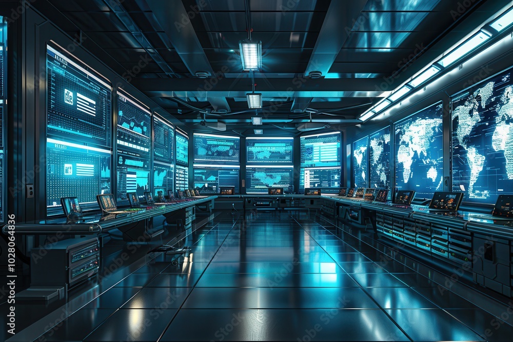 Poster a logistics control center is actively monitoring delivery routes and data on multiple large screens