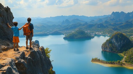Fototapeta premium Two hikers enjoy a breathtaking view of a serene lake and mountains, showcasing nature's beauty and adventure in the great outdoors.