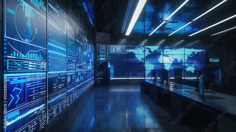 Poster high-tech logistics control center actively monitoring delivery routes and data on multiple large sc