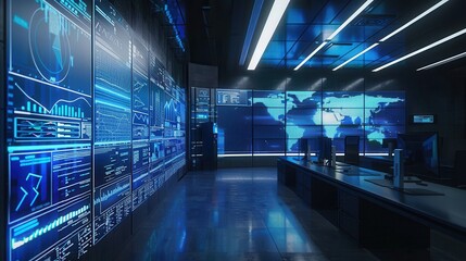 High-tech logistics control center actively monitoring delivery routes and data on multiple large screens in a dynamic workspace. Generative AI