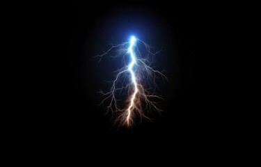 A single lightning bolt, bifurcating into two branches, with blue and orange hues against a dark backdrop.