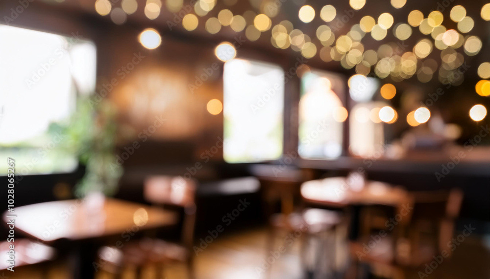 Poster blurred image of restaurant with light and bokeh for background usage. blur interior background