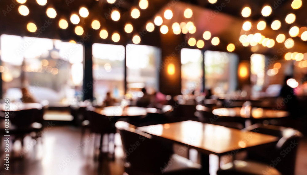 Poster blurred image of restaurant with light and bokeh for background usage. blur interior background
