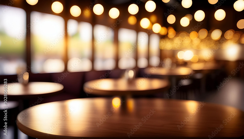 Poster blurred image of restaurant with light and bokeh for background usage. blur interior background