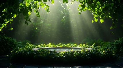 Fototapeta premium Ancient mythological maze made of stone and overgrown vines, mystical aura around the central marble fountain, foggy background, fantasy, dramatic lighting