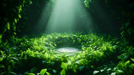 Fototapeta premium Ancient mythological maze made of stone and overgrown vines, mystical aura around the central marble fountain, foggy background, fantasy, dramatic lighting
