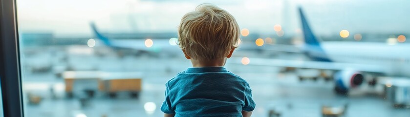 A young child gazes outside the airport window, watching planes on the runway, filled with wonder and anticipation of travel adventures.