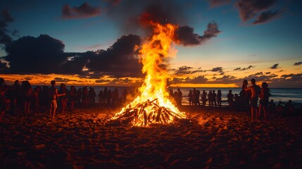 Bonfire beach celebration at dusk, flames roaring in the center, people dancing barefoot in the sand, music and laughter blending with the sound of waves