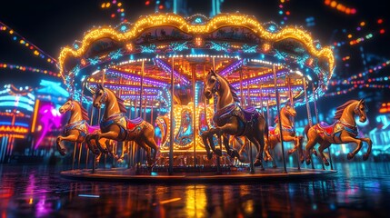 Fototapeta premium Carousel horses illuminated by holographic lights, futuristic theme park at night, AI and neon tech elements in the background, Hologram, Neon glow, 3D rendering