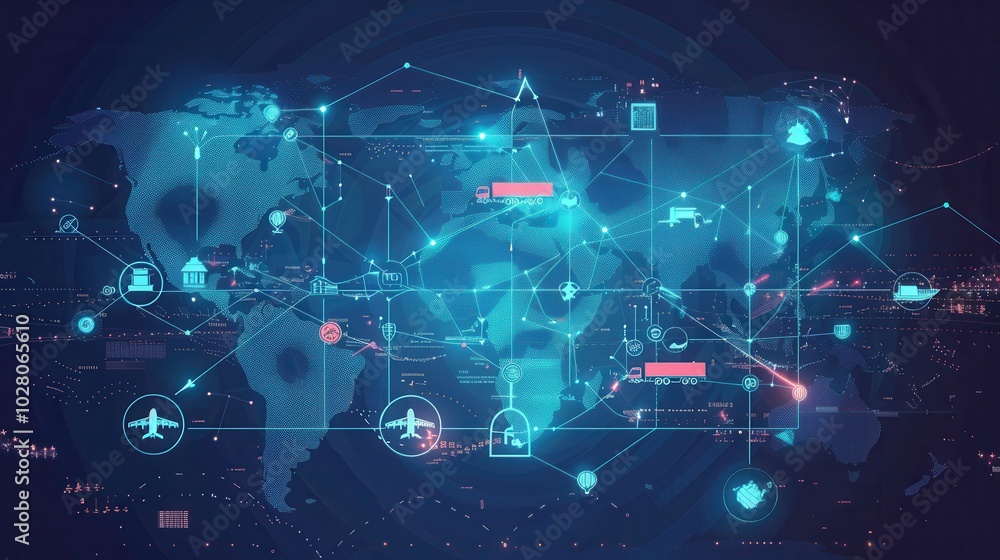 Poster Highlighted transport routes connect various locations globally via different modes of transport for efficient logistics. Generative AI