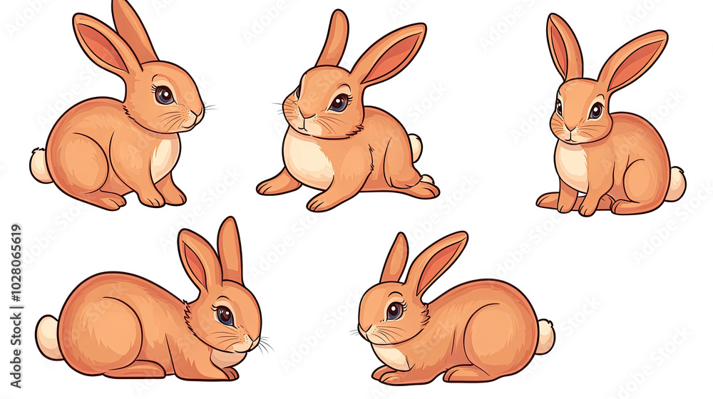Poster cute collection of cartoon rabbits displayed on a white background generative ai
