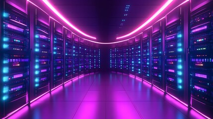 Obraz premium Circular high-tech server room with flowing digital data streams, neon accents, AI servers glowing, Futuristic, Sci-Fi, Purple and Blue, Illustration