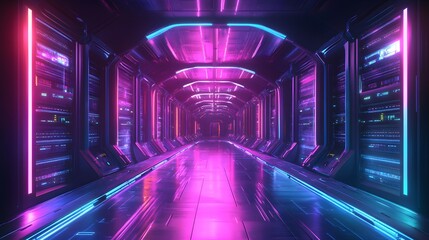 Fototapeta premium Circular high-tech server room with flowing digital data streams, neon accents, AI servers glowing, Futuristic, Sci-Fi, Purple and Blue, Illustration