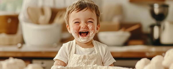 Joyful child experiencing cooking fun with flour and laughter in a kitchen setting. Smiles and creativity shine.