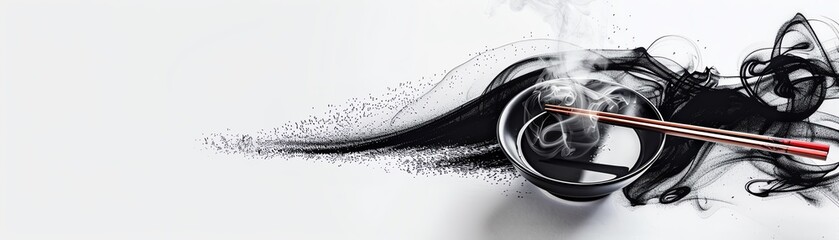 A steaming shabu shabu pot with chopsticks in motion, abstract art style, isolated on white background
