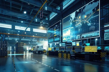 Large screens at a logistics control center show active delivery routes and data while staff monitor operations efficiently. Generative AI