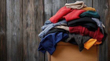 Charitable donation box filled with colorful clothing for spring donation campaigns