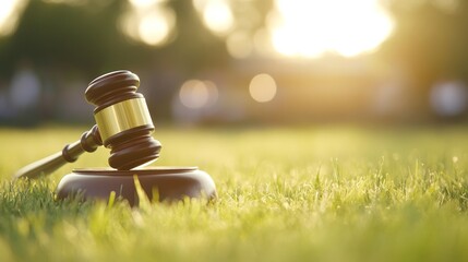 Detailed shot of a gavel on stadium grass under natural light, representing legal aspects of sports. Perfect for law firm branding
