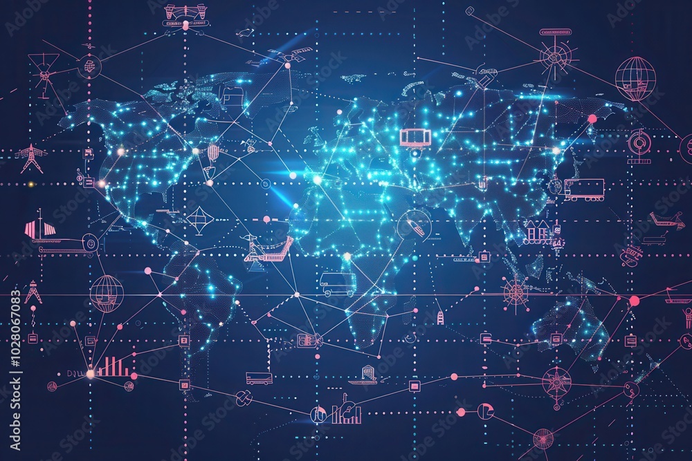 Poster this visual displays a world map with highlighted transport routes and symbols representing differen