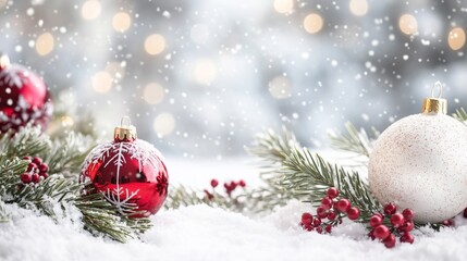 Beautiful Christmas Ornaments Surrounded by Snowy Pine Branches