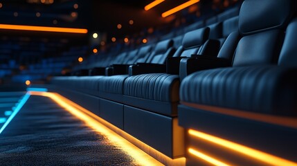 Field-level VIP stadium seats with elegant leather texture, ambient lighting reflecting exclusivity, showcasing elite sports experience for hospitality marketing