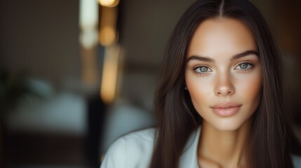 Elegant portrait of young woman with long brown hair for fashion and beauty professionals