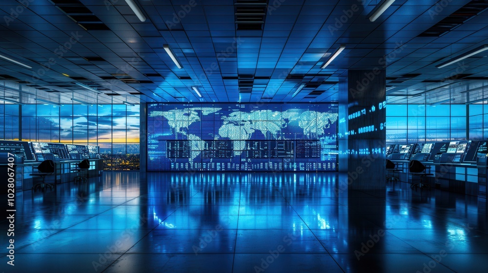 Poster large screens in a logistics control center display real-time delivery routes and data, illuminating