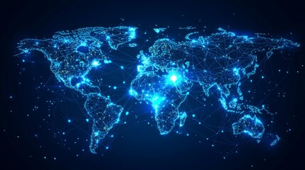 A glowing blue digital network map of the world