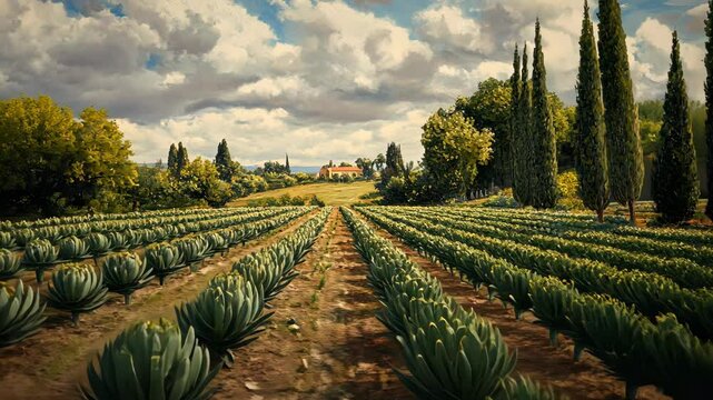 A field of agave plants stretches out towards a distant farmhouse on a sunny day