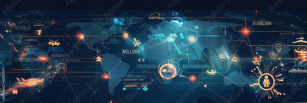 Poster the map illustrates global transport routes with highlighted paths and icons representing different 
