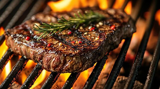 A juicy steak is grilling over an open flame, seasoned with pepper and topped with rosemary