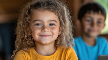 Obraz premium Joyful childhood learning: smiling girl and friend in educational setting