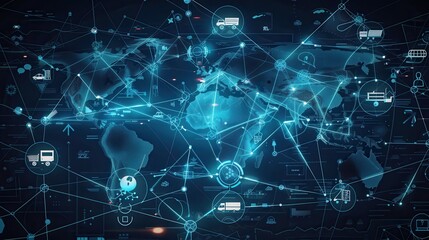 A world map displaying highlighted transport routes with icons representing different types of transportation across major connections. Generative AI