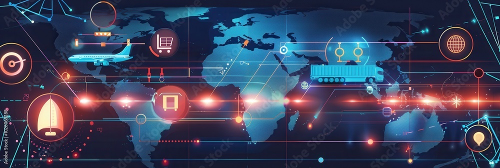 Aufkleber a detailed global map displays various transport routes with icons representing different modes of t